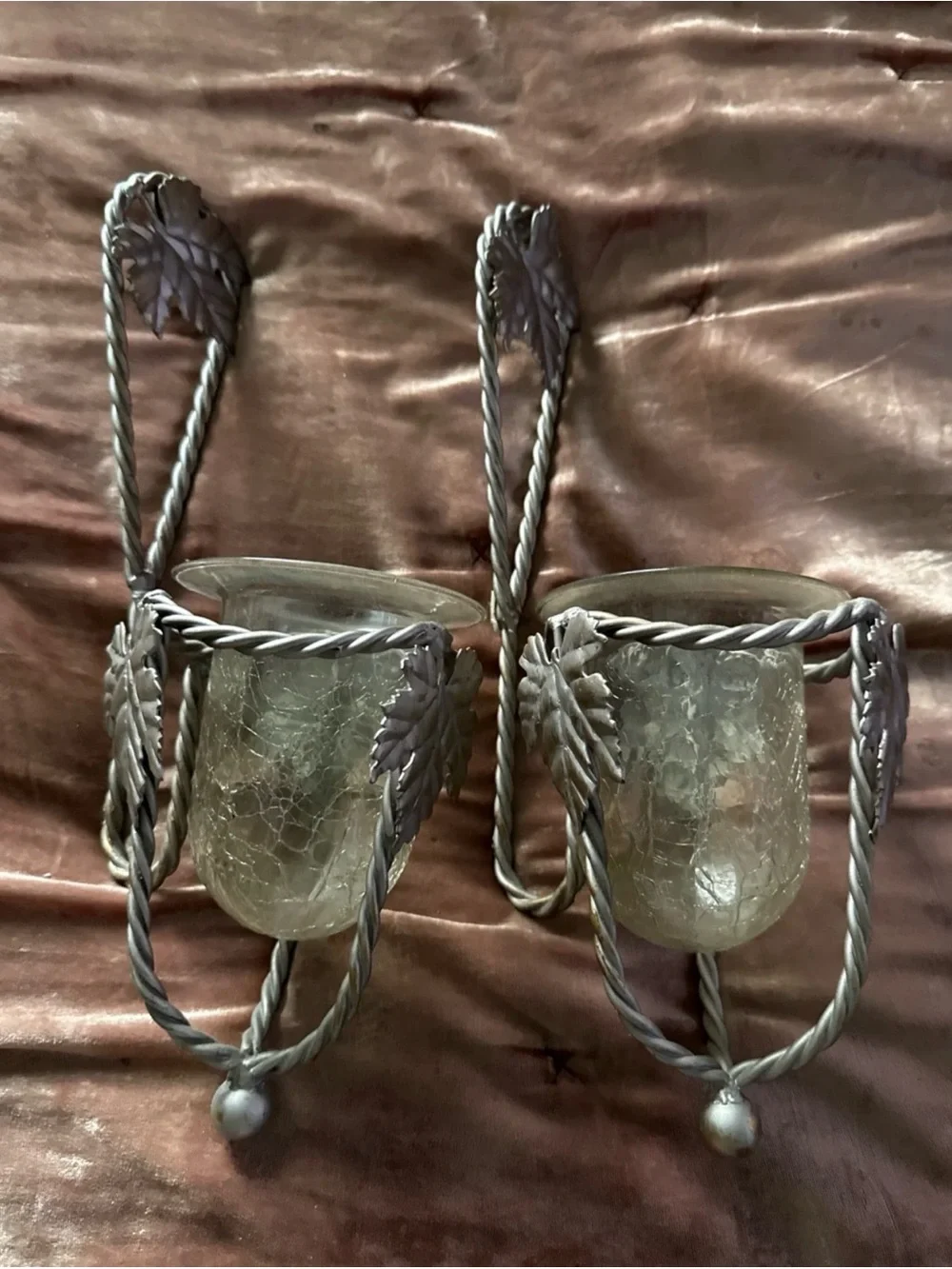 Home Interiors Silver Leaf Wall Sconces with Crackle Glass Cups